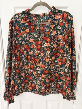 SHEIN Teal Floral Ruffle Neck Blouse with Coral and Cream Flowers